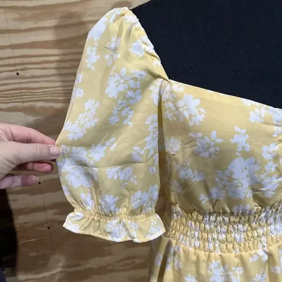 Abercrombie & Fitch Babydoll Dress Smocked Yellow Floral Size M Y2K Cottagecore - Picture 7 of 16